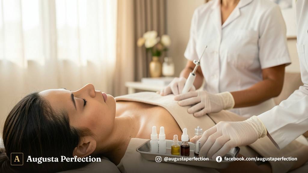 Profissional em clínica de estética preparando equipamento estéril para procedimento de microneedling em Jundiaí.