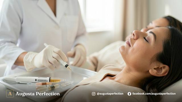 Ambiente de clínica estética avançada com dermocosméticos em mesa de atendimento e iluminação acolhedora.