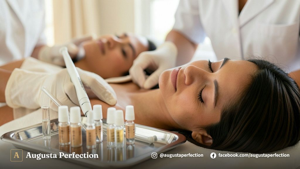 Especialista em estética segurando equipamento de microneedling em ambiente de clínica moderno e acolhedor.