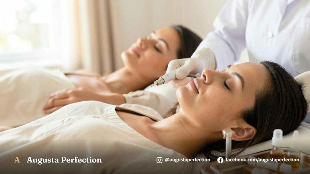 Ambiente aconchegante de clínica estética para procedimento de microneedling e rejuvenescimento da pele.