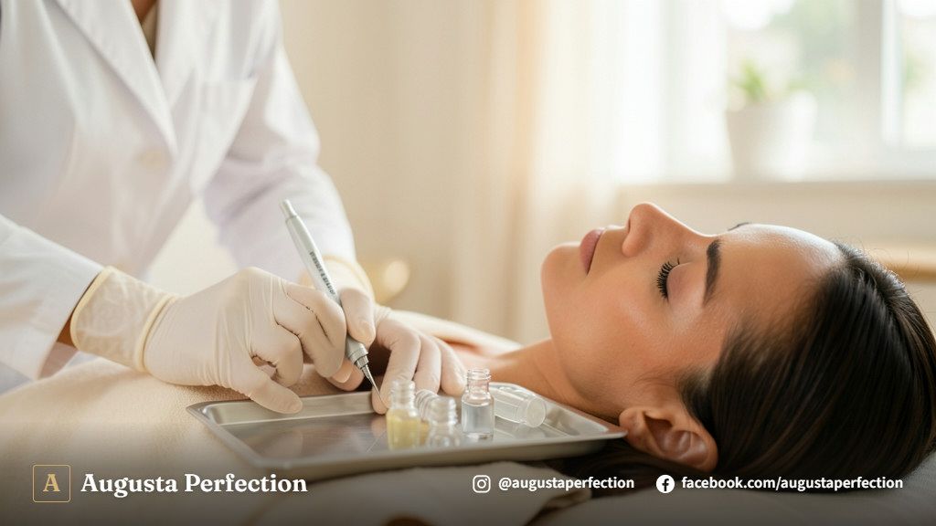 Dispositivo moderno de microneedling segurado por profissional de estética em ambiente clínico higienizado.