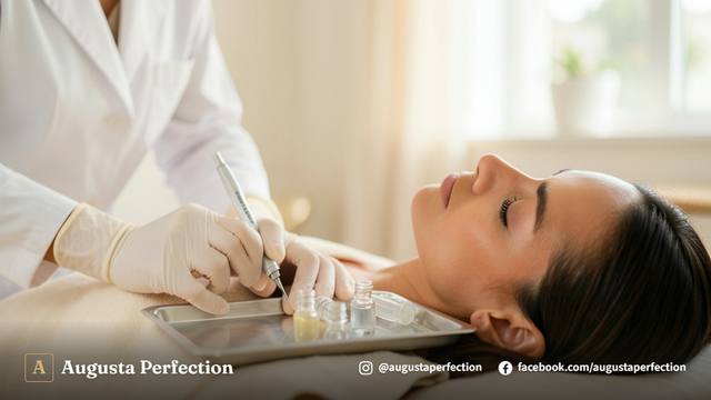 Dispositivo moderno de microneedling segurado por profissional de estética em ambiente clínico higienizado.