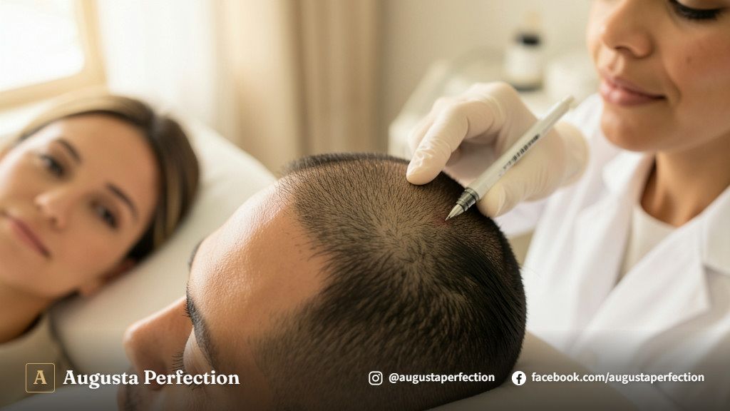 Especialista realizando avaliação cuidadosa do couro cabeludo antes da micropigmentação capilar em clínica estétic.