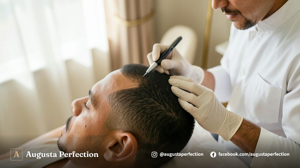 Profissional de estética com luvas segurando dermógrafo em ambiente de clínica moderna.