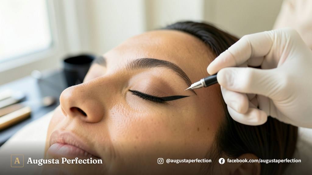 Especialista em estética preparando pigmentos certificados em consultório aconchegante para micropigmentação palpebral.
