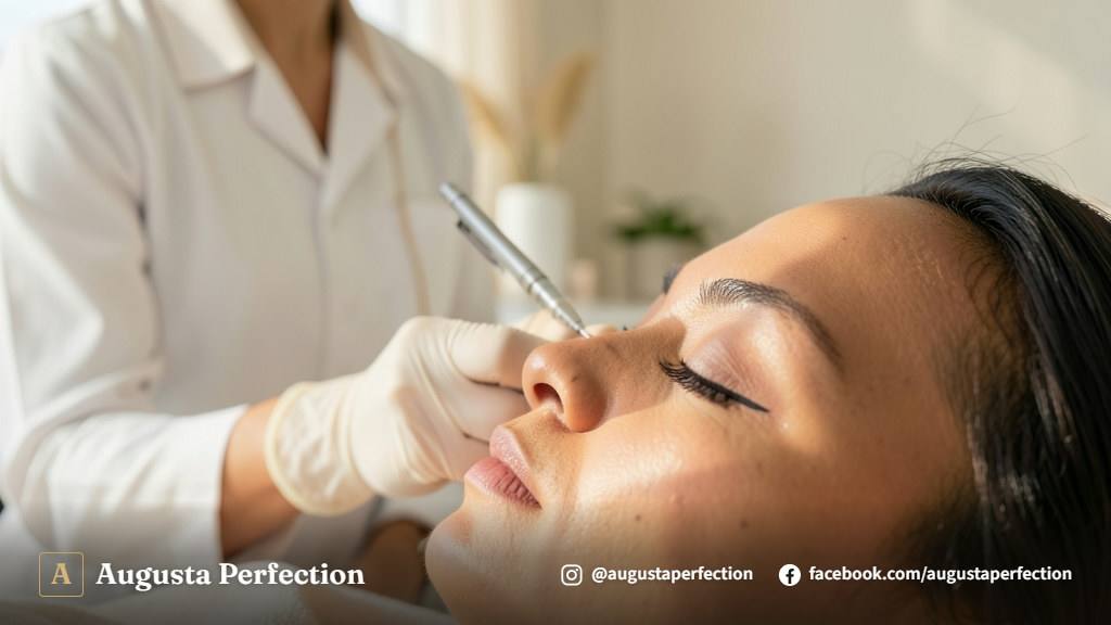 Equipamento profissional de micropigmentação de olhos em ambiente de clínica estética limpo e moderno.