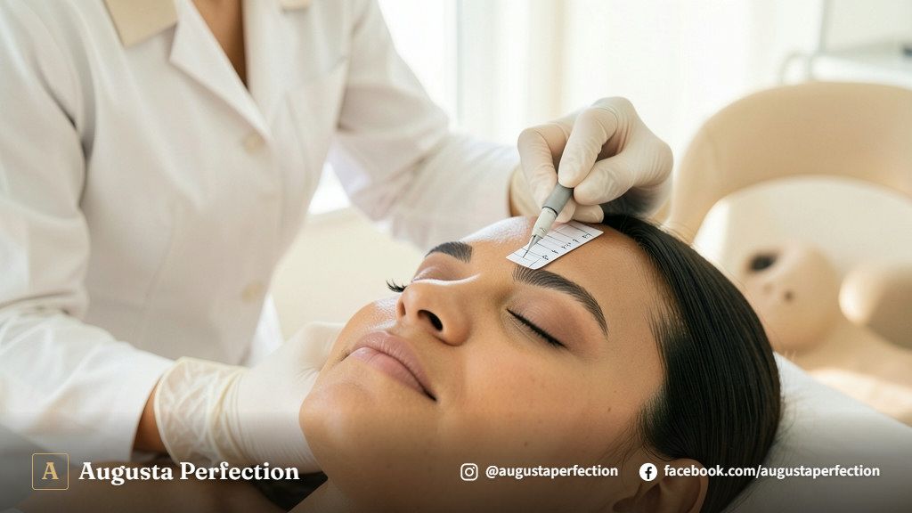 Especialista em estética realizando avaliação presencial de sobrancelhas em uma clínica moderna e higienizada.