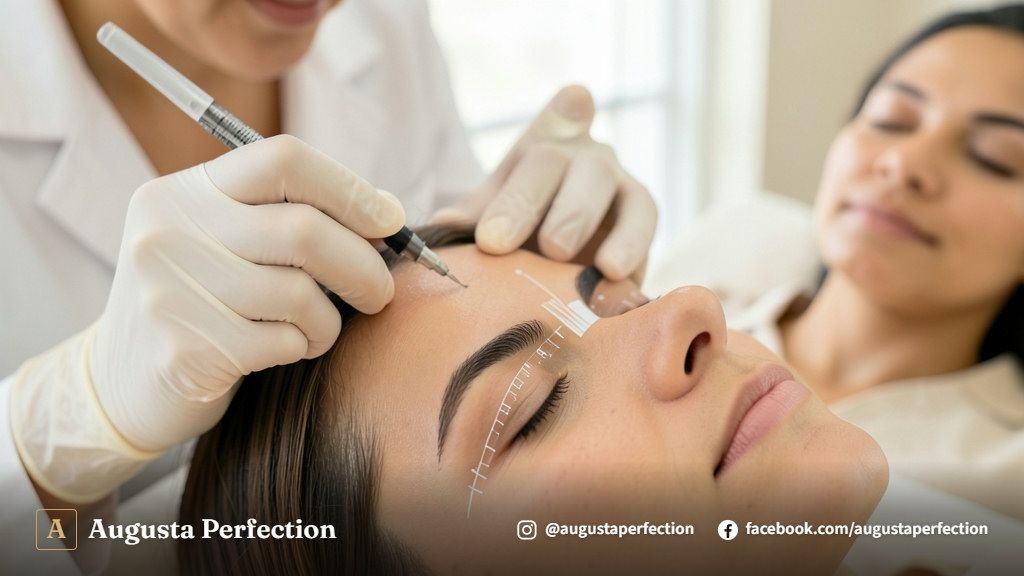 Mãos de profissional especialista com luvas segurando instrumento de micropigmentação em clínica em Jundiaí