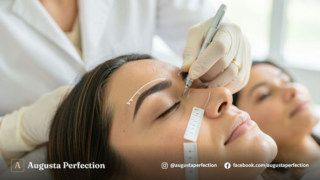Bancada organizada com instrumentos de micropigmentação em uma clínica de estética limpa e moderna.