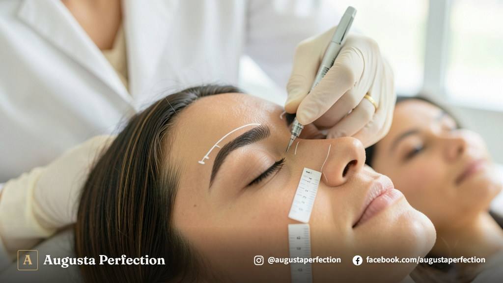 Bancada organizada com instrumentos de micropigmentação em uma clínica de estética limpa e moderna.
