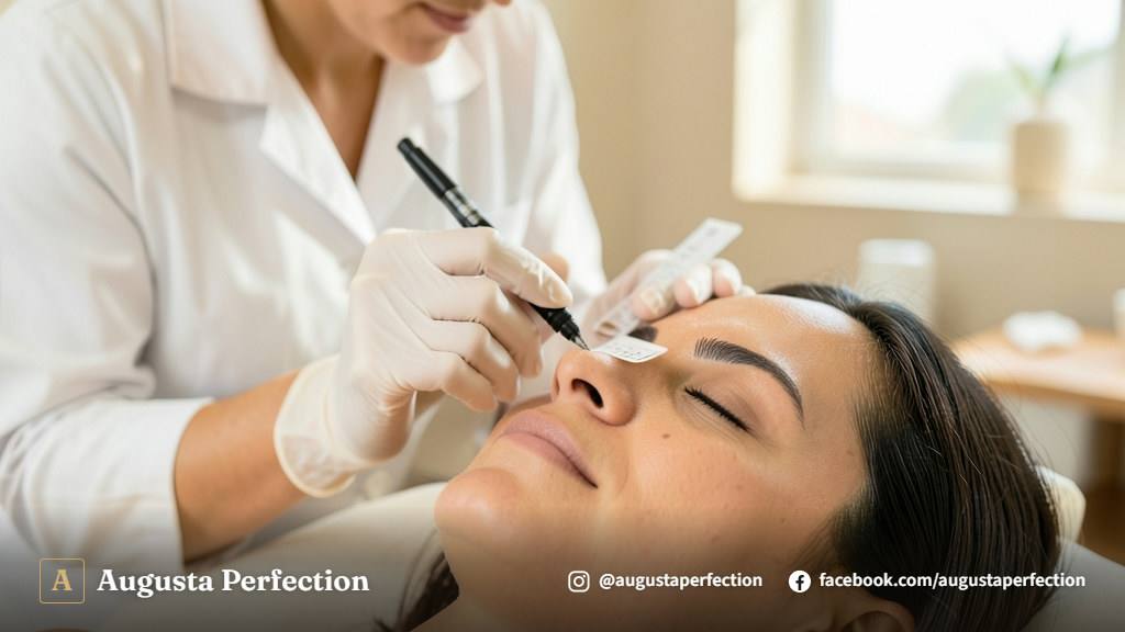 Especialista preparando instrumentos e pigmentos para micropigmentação fio a fio em clínica estética premium.