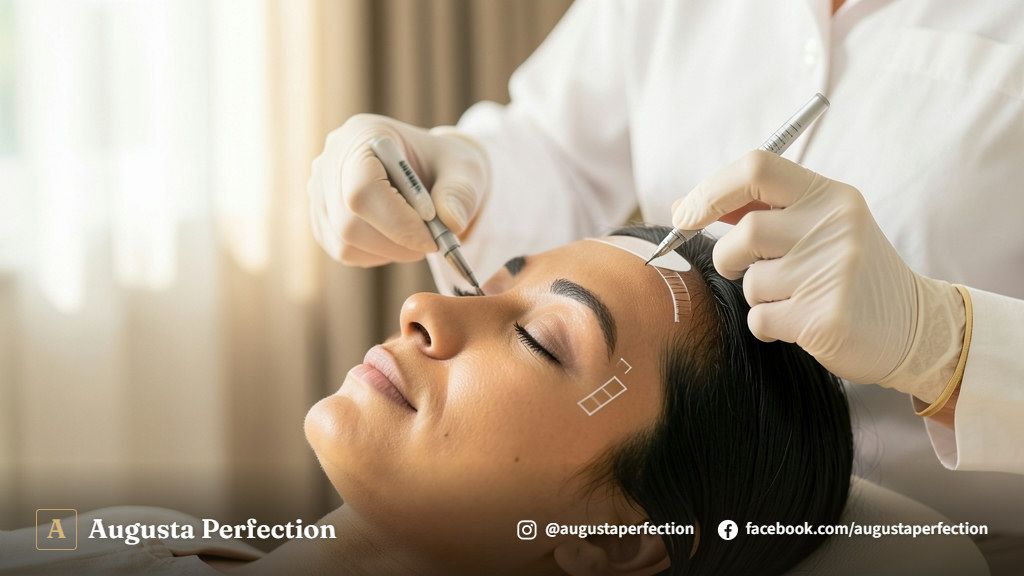 Mãos enluvadas de profissional segurando instrumento de micropigmentação fio a fio em clínica estética.