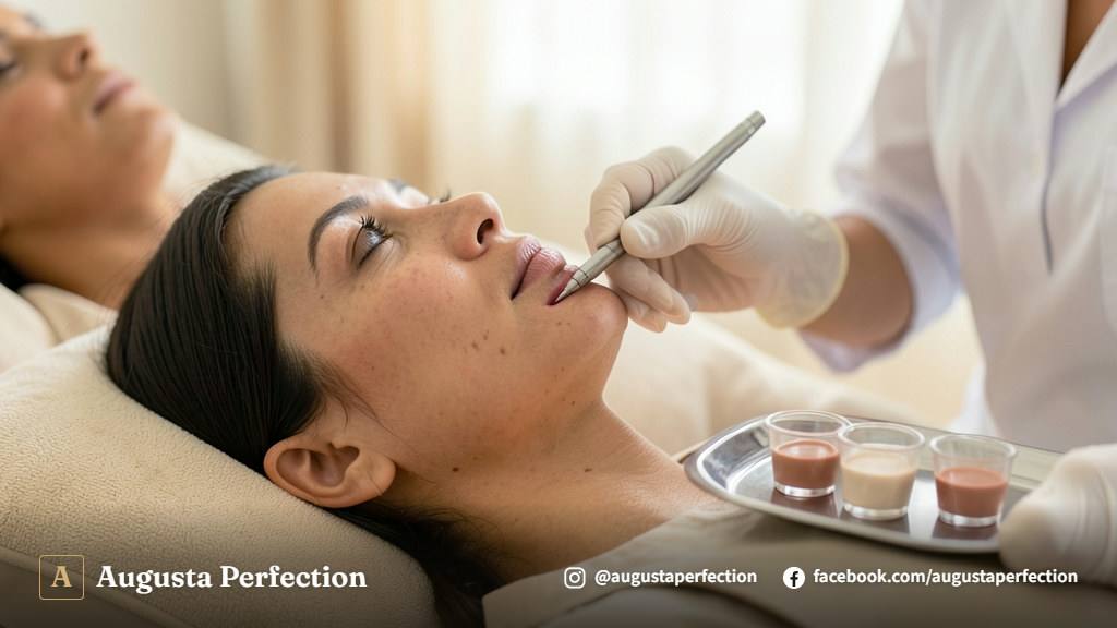 Especialista em estética preparando pigmentos para manutenção de micropigmentação labial em ambiente clínico.