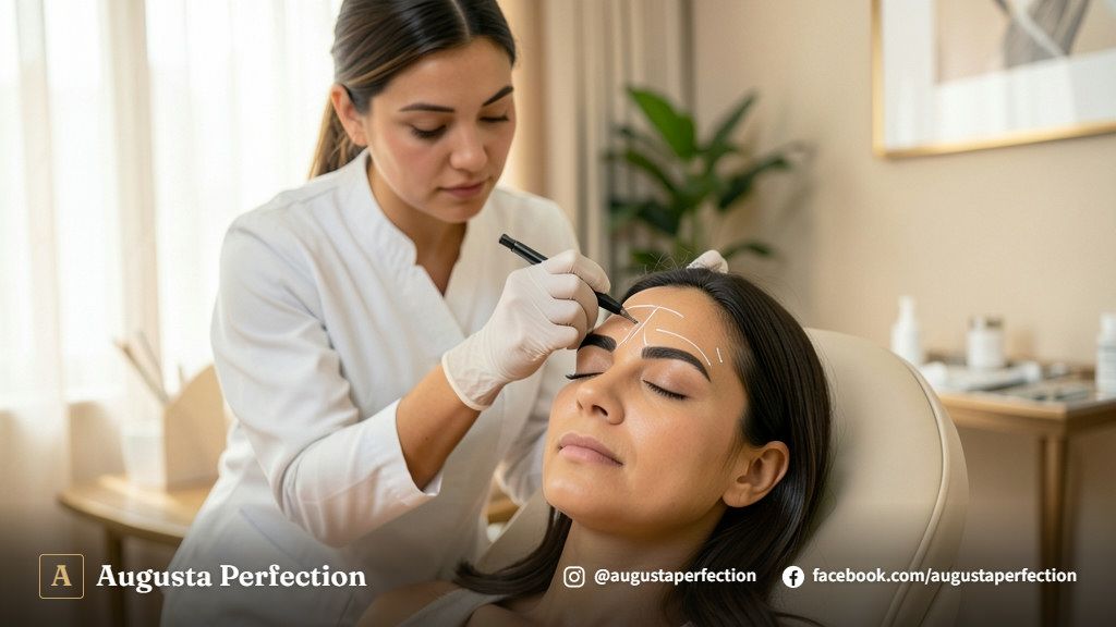 Profissional de estética realizando avaliação detalhada do rosto de uma paciente antes do microshading em clínica elegante.