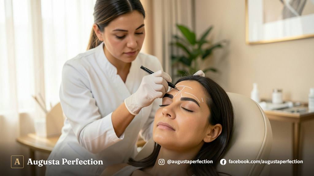 Profissional de estética realizando avaliação detalhada do rosto de uma paciente antes do microshading em clínica elegante.