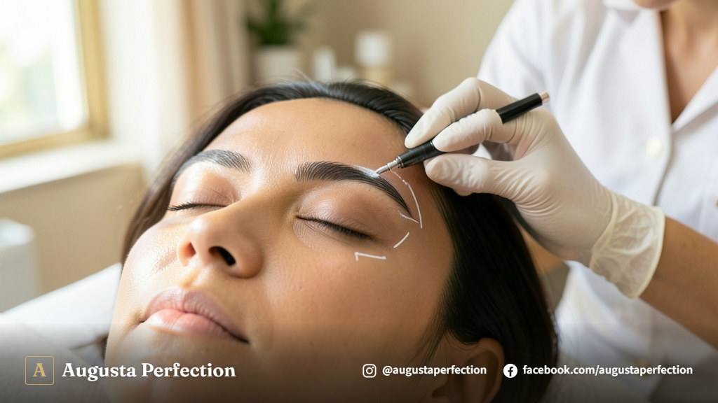 Cuidados pós-procedimento de microshading em sobrancelhas com higienização e produtos específicos em clínica de estética.