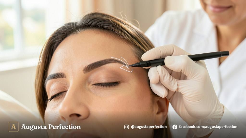 Profissional realizando mapeamento e medição de sobrancelhas com paquímetro em ambiente clínico elegante.