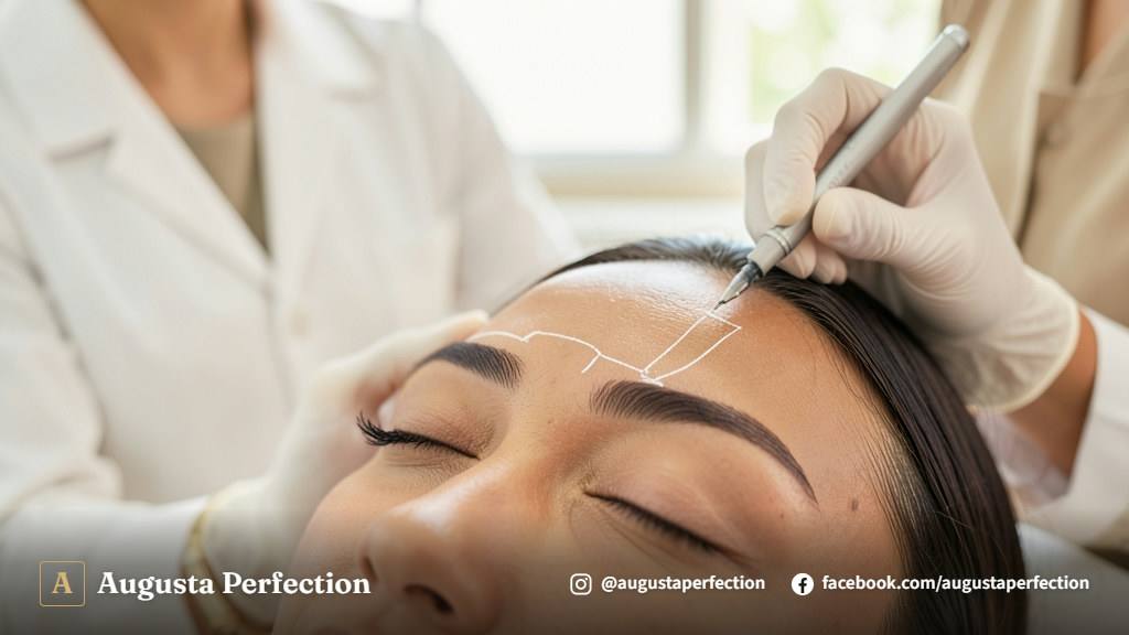 Especialista em estética avaliando sobrancelhas de paciente em consultório moderno para retoque de microshading.