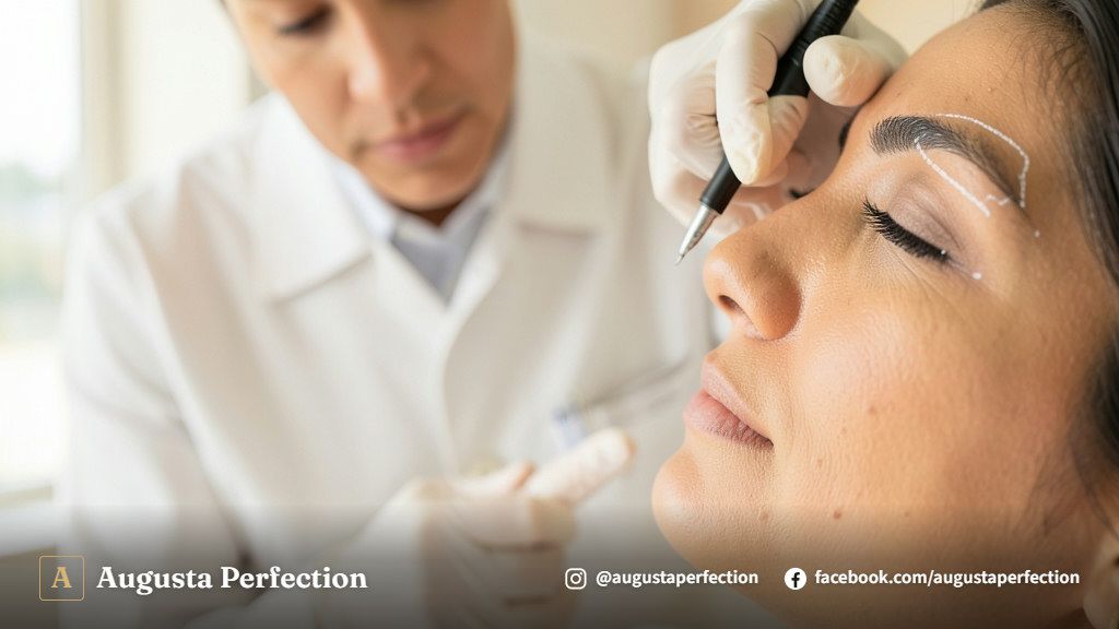 Ambiente de clínica estética com instrumentos para design e micropigmentação de sobrancelhas.