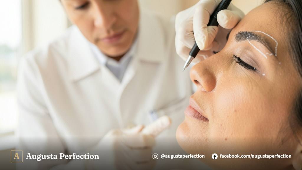 Ambiente de clínica estética com instrumentos para design e micropigmentação de sobrancelhas.