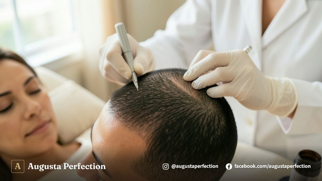 Especialista em estética avançada orientando cliente sobre segurança e alergia em consulta de nanopigmentação capilar.