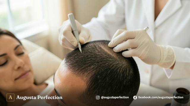 Especialista em estética avançada orientando cliente sobre segurança e alergia em consulta de nanopigmentação capilar.
