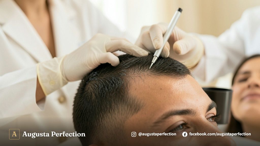 Mesa de trabalho de clínica estética com pigmentos biocompatíveis para manutenção de nanopigmentação capilar.