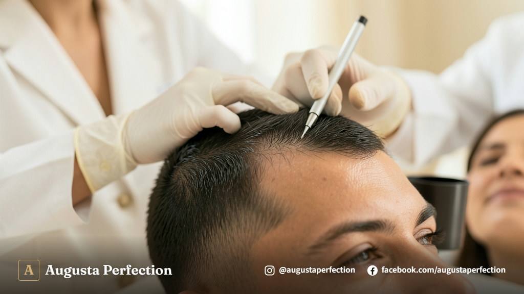 Mesa de trabalho de clínica estética com pigmentos biocompatíveis para manutenção de nanopigmentação capilar.