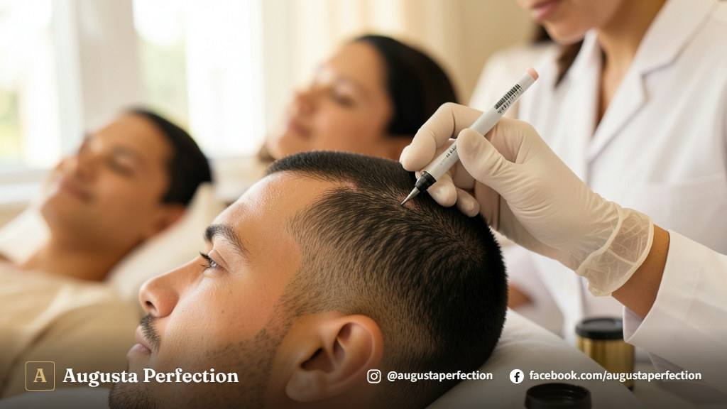Especialista em estética preparando pigmentos e dermógrafo para procedimento capilar em clínica.