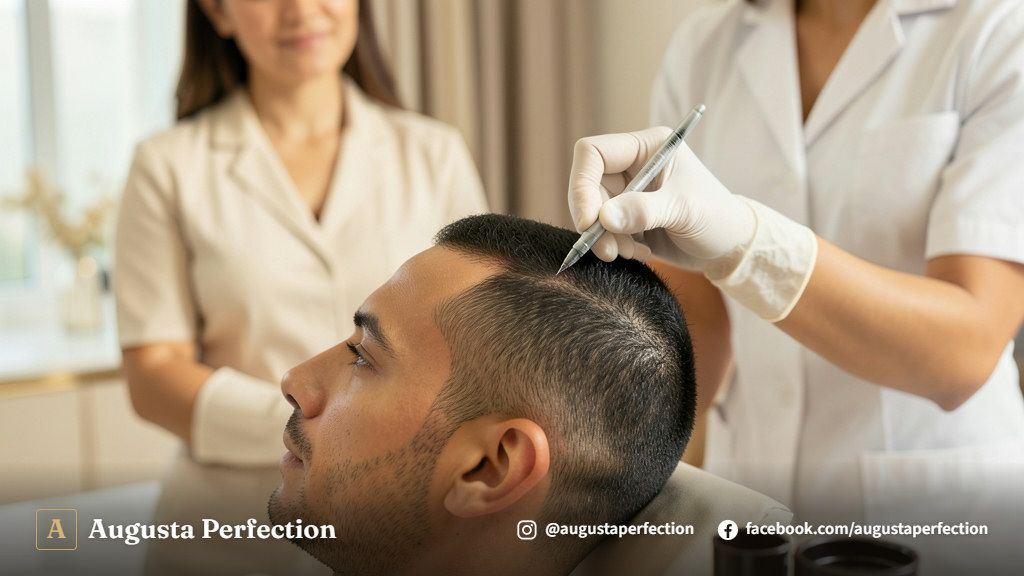 Profissional de estética avançada segurando equipamento de nanopigmentação em ambiente clínico moderno e acolhedor.
