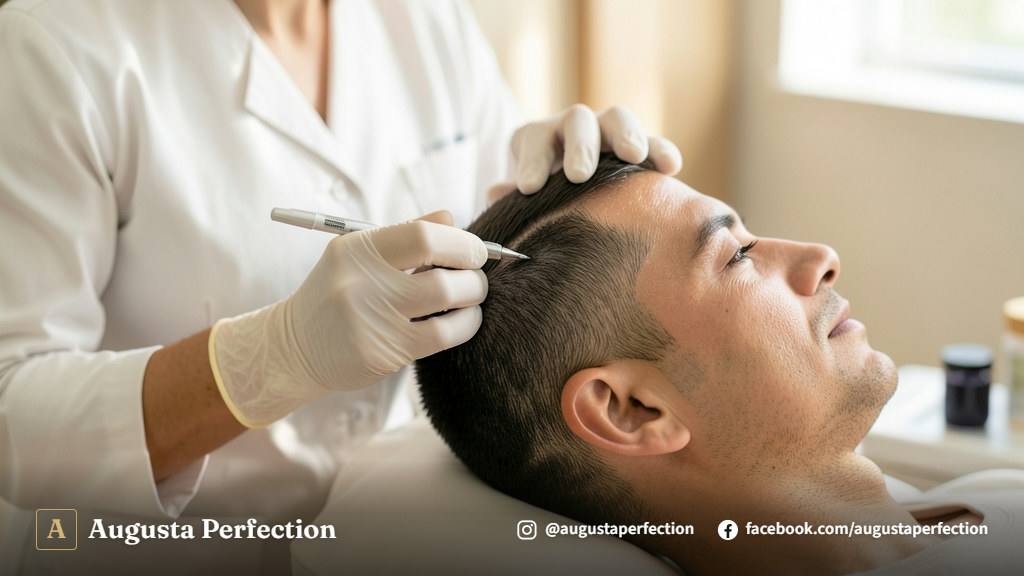 Especialista em estética preparando instrumentos de precisão em sala de atendimento moderna e elegante.