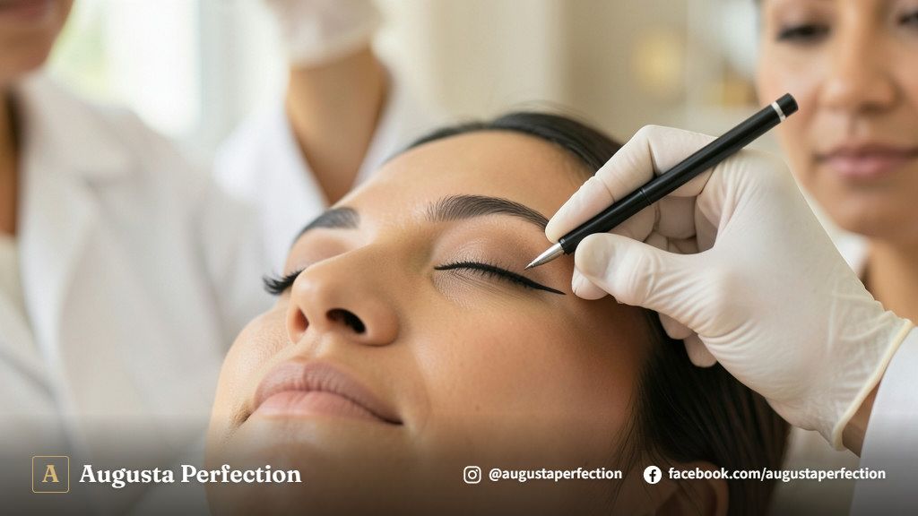 Especialista em clínica de estética preparando equipamento para procedimento delicado na região dos olhos.