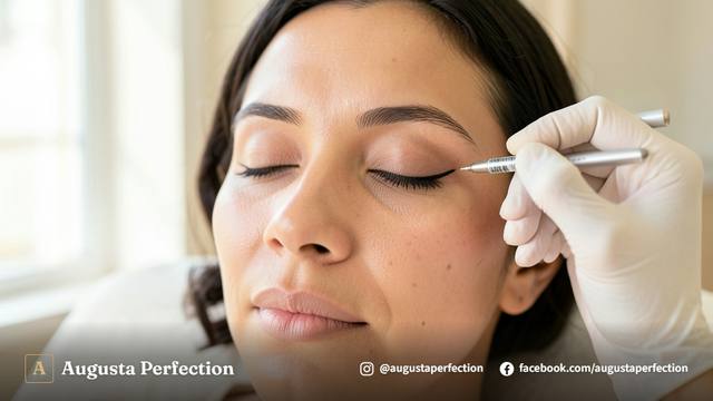 Frascos de pigmento e materiais de precisão para nanopigmentação em uma sala clínica elegante.
