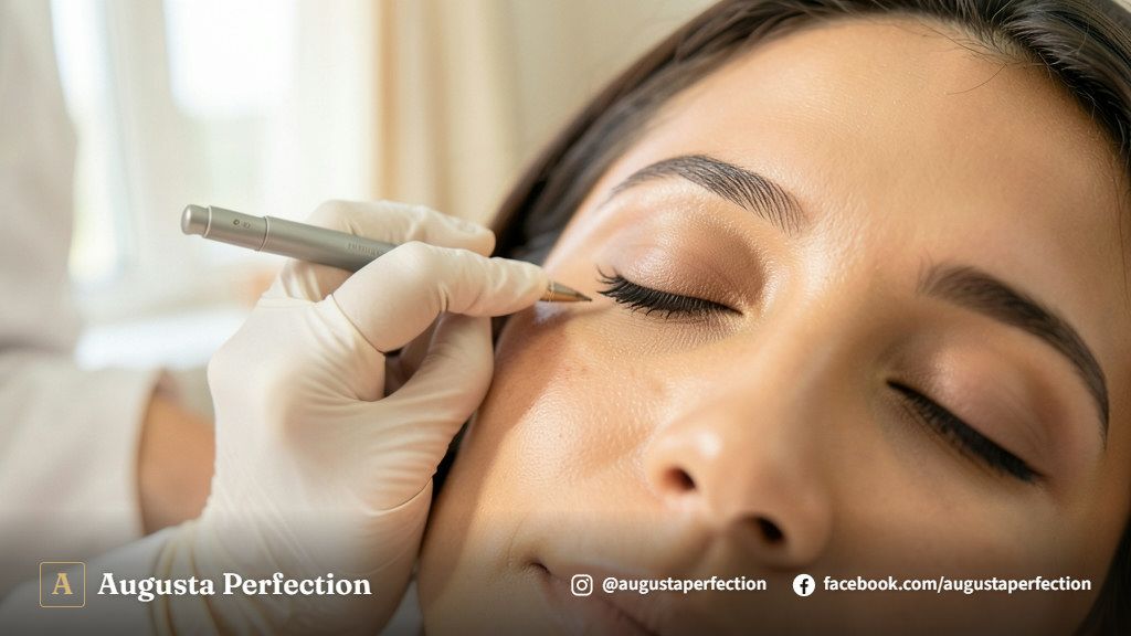 Mãos de profissional com luvas preparando instrumentos e pigmentos certificados em ambiente de clínica estética.