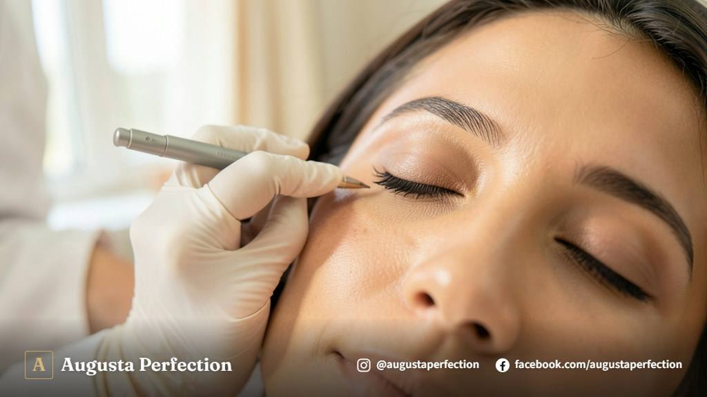 Mãos de profissional com luvas preparando instrumentos e pigmentos certificados em ambiente de clínica estética.