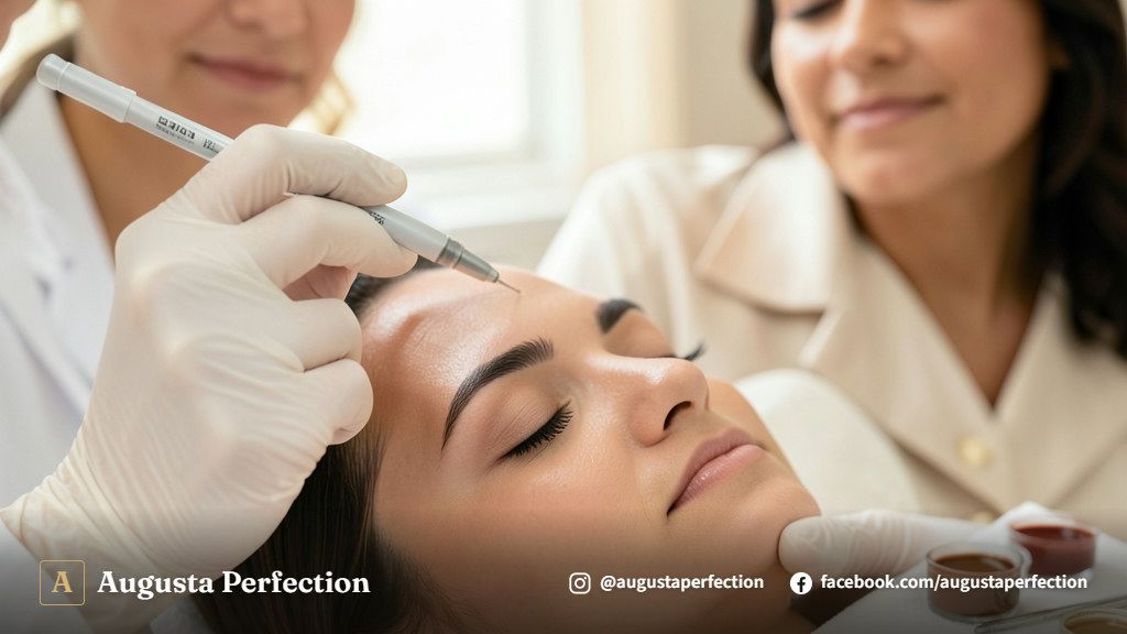 Profissional de estética preparando material higienizado para nanopigmentação fio a fio em clínica moderna.