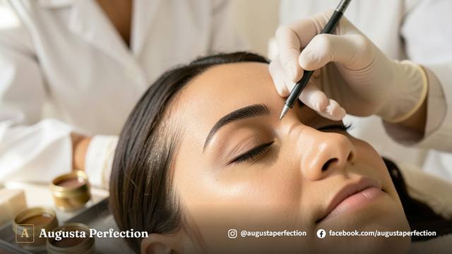 Especialista em estética com luvas organizando instrumentos e produtos de nanopigmentação em clínica refinada.