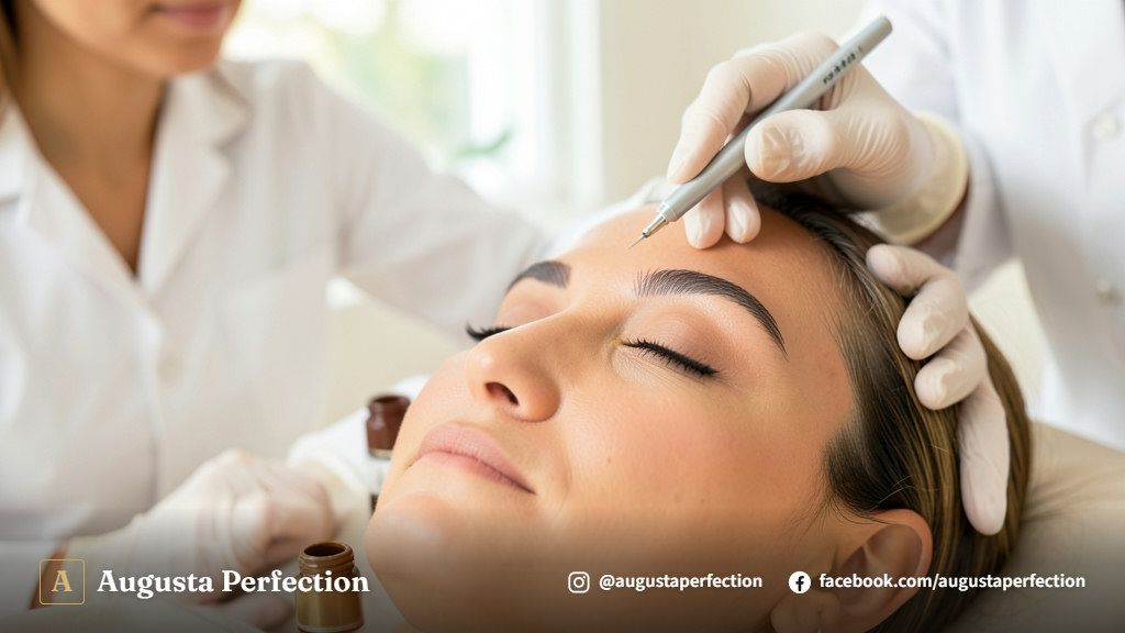 Especialista realizando mapeamento de sobrancelha para nanopigmentação fio a fio em ambiente de clínica estética