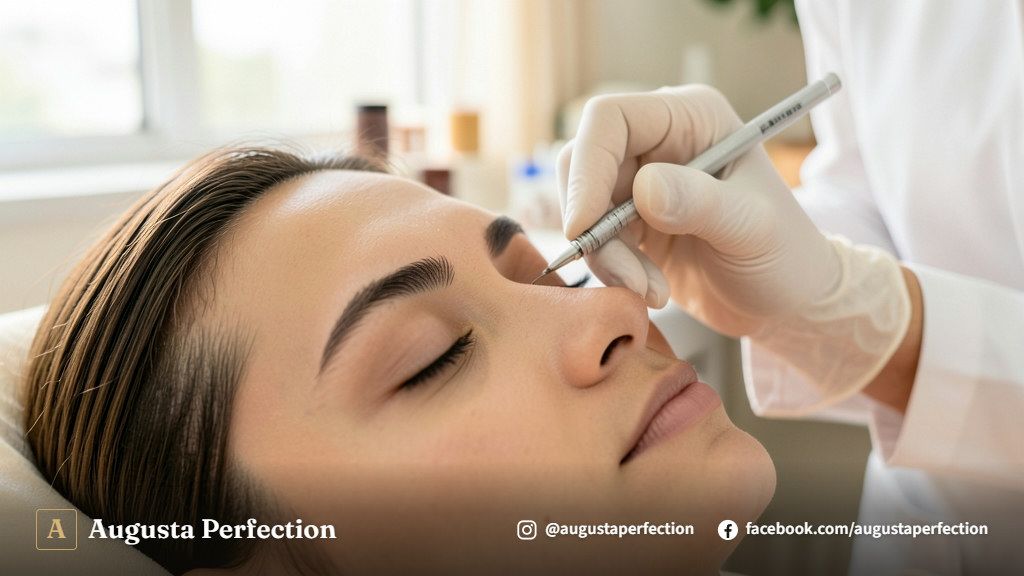 Especialista em estética preparando instrumentos delicados para procedimento de nanopigmentação em clínica.