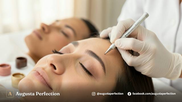 Mãos de profissional com luvas segurando instrumento de nanopigmentação em ambiente de clínica estético e seguro.