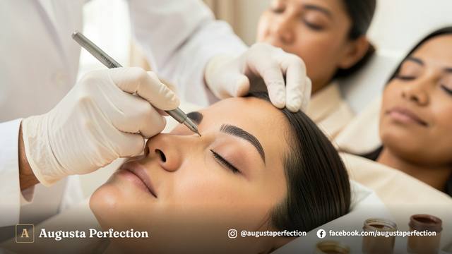 Especialista em estética preparando pigmentos de nanopigmentação em ambiente clínico de alto padrão.