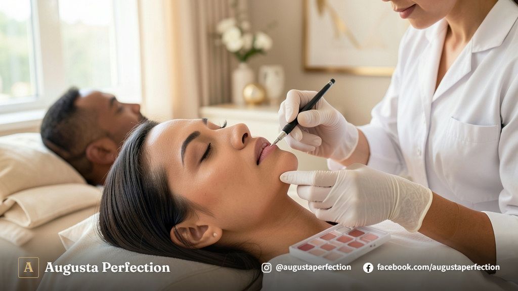 Especialista em estética preparada para procedimento de nanopigmentação labial em ambiente clínico refinado.
