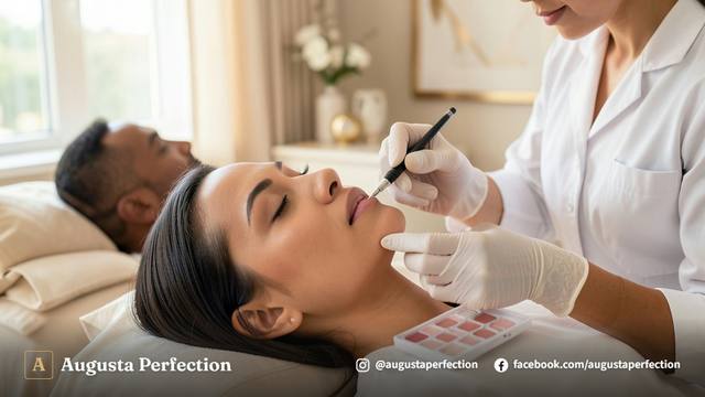 Especialista em estética preparada para procedimento de nanopigmentação labial em ambiente clínico refinado.