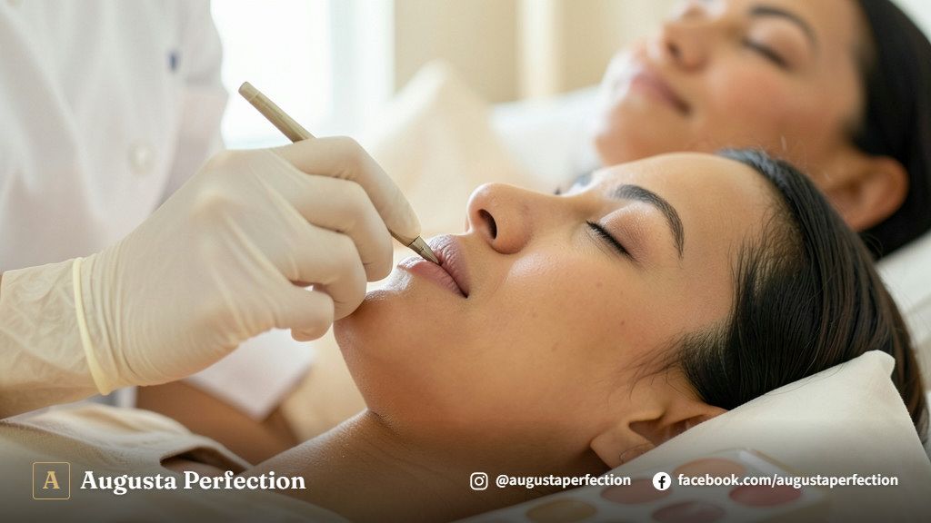 Especialista preparando pigmentos de nanopigmentação labial em bandeja higienizada de clínica estética.