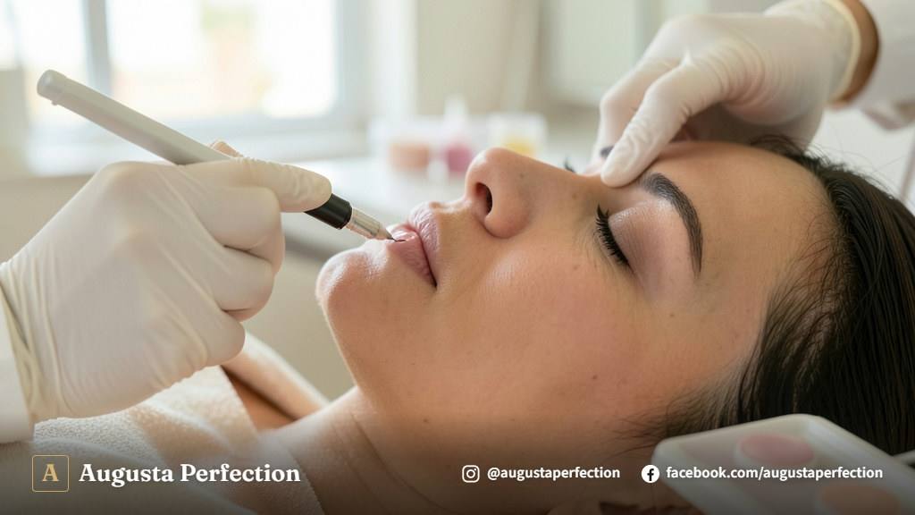 Equipamento de nanopigmentação labial e pigmentos em uma clínica de estética avançada.