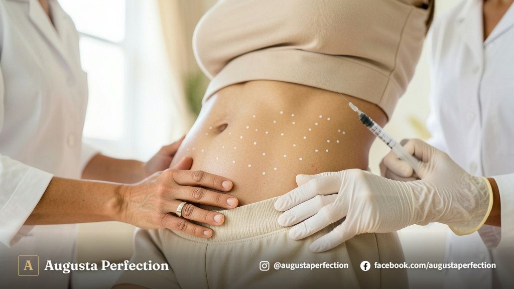Profissional de estética em clínica organizada realizando avaliação cuidadosa para tratamento corporal pós-procedimento.