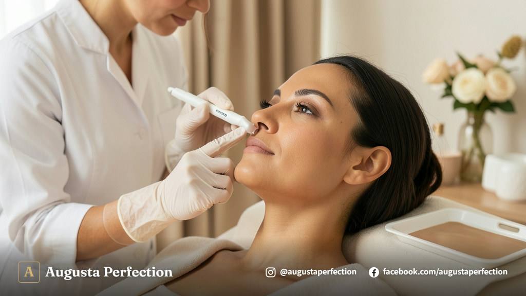 Equipamento de peeling elétrico em ambiente de clínica de estética avançada com cosméticos de alta qualidade.