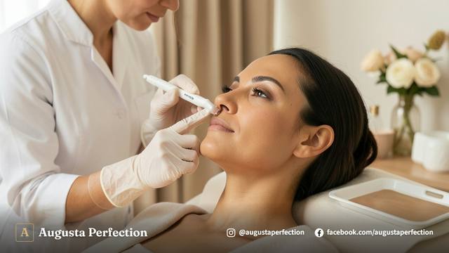 Equipamento de peeling elétrico em ambiente de clínica de estética avançada com cosméticos de alta qualidade.