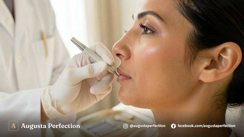 Sala de atendimento de estética com profissional preparando equipamento para tratamento facial.
