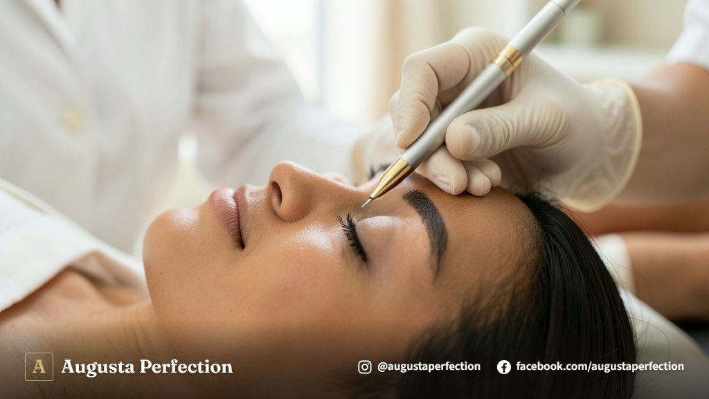 Profissional de estética segurando equipamento de jato de plasma em ambiente clínico moderno.